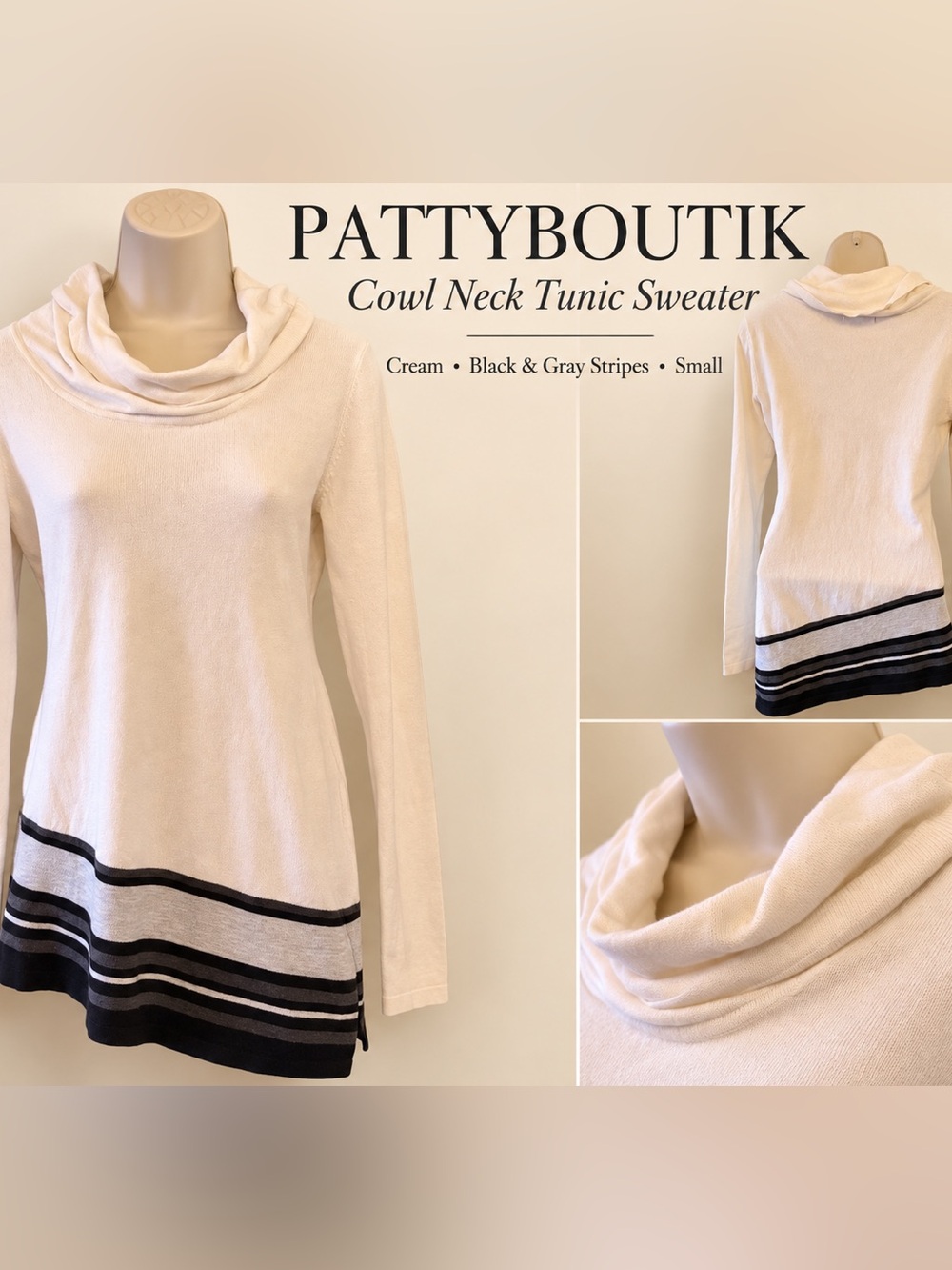PattyBoutik Ivory Cowl Neck Sweater Small Asymmetrical Striped Hem Tunic